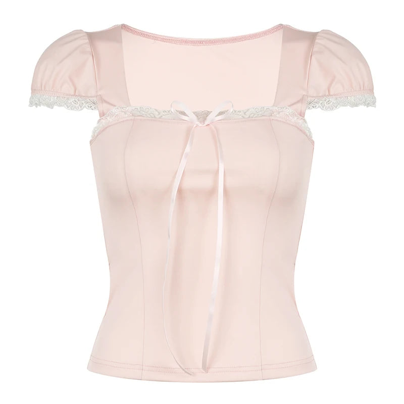 Voguable Y2K Contrast Lace Bow Patchwork Top Women's Summer Casual Basic Slim-fit Short Sleeve T-shirt Coquette Aesthetic Tees voguable