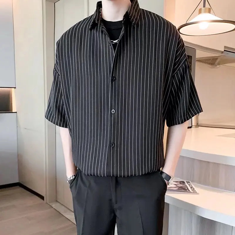 Striped Shirt men Japanese Casual Oversize Trend Black Unisex gothic Short Sleeved Blouses gotmes-shop