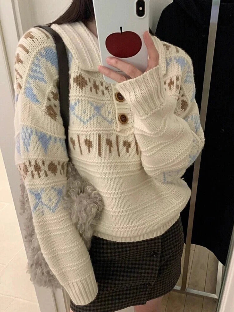 Retro Women Print Sweater Casual Korean Lazy Wind Sweet Knitted Jumpers Fall Winter Lady Long Sleeve Vintage Soft Pullover voguable
