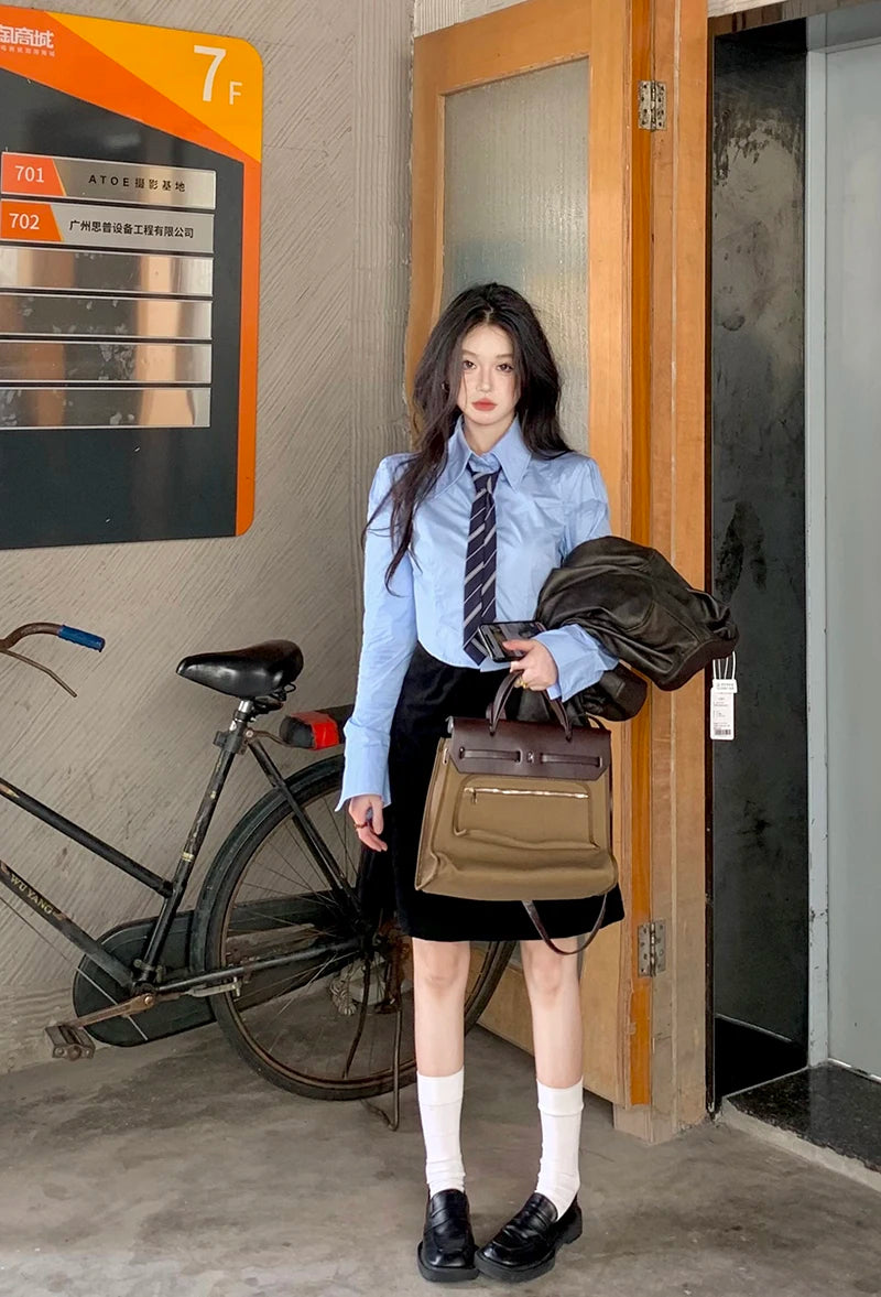 Streetwear Tie Shirts Women Preppy Jk White Long Sleeve Crop Tops Student Korean College Slim Blouses Spring Autumn New voguable