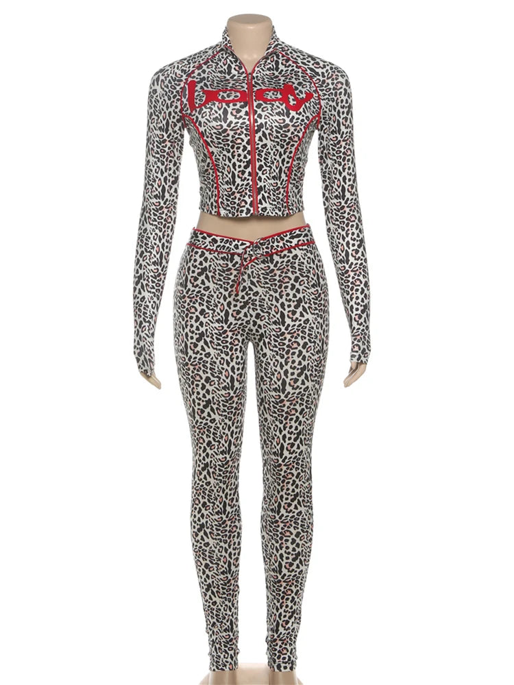 Voguable  Leopard Letter Tracksuit Women 2 Piece Set Y2K Zip Crop Jacket+Metal Sash Leggings Sporty Matching Stretch Streetwear voguable