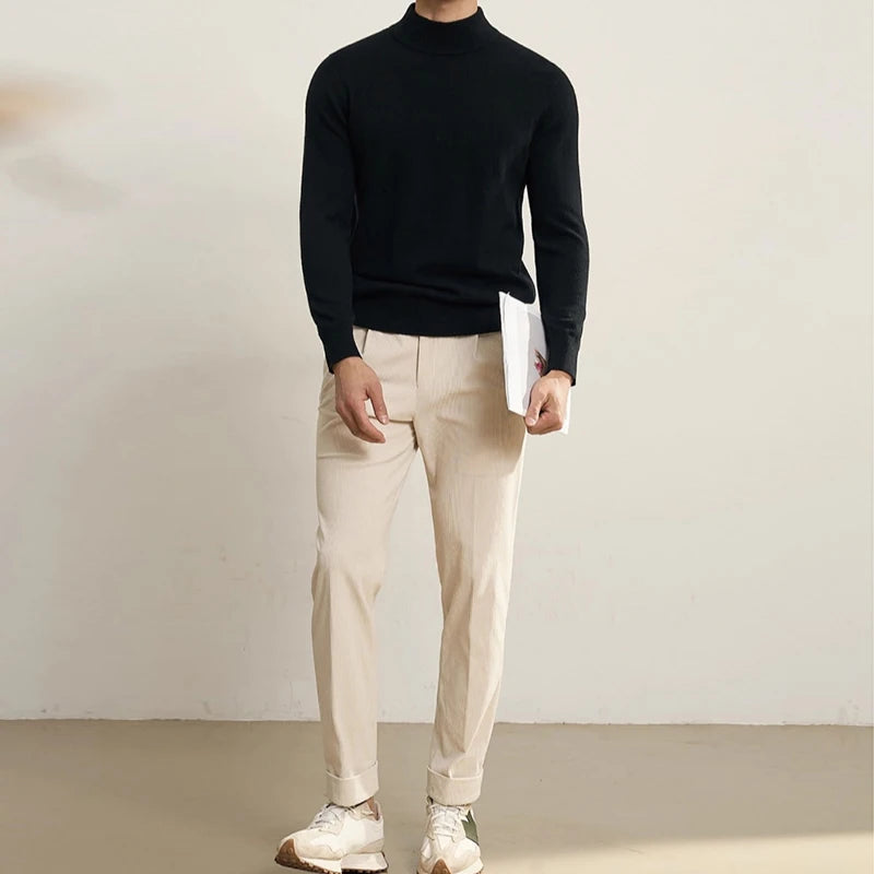 New American Retro Men Basic Sweater Luxury Knitted Solid Color Mock Neck Long Sleeve Pullover Casual Slim High Quality Knitwear voguable
