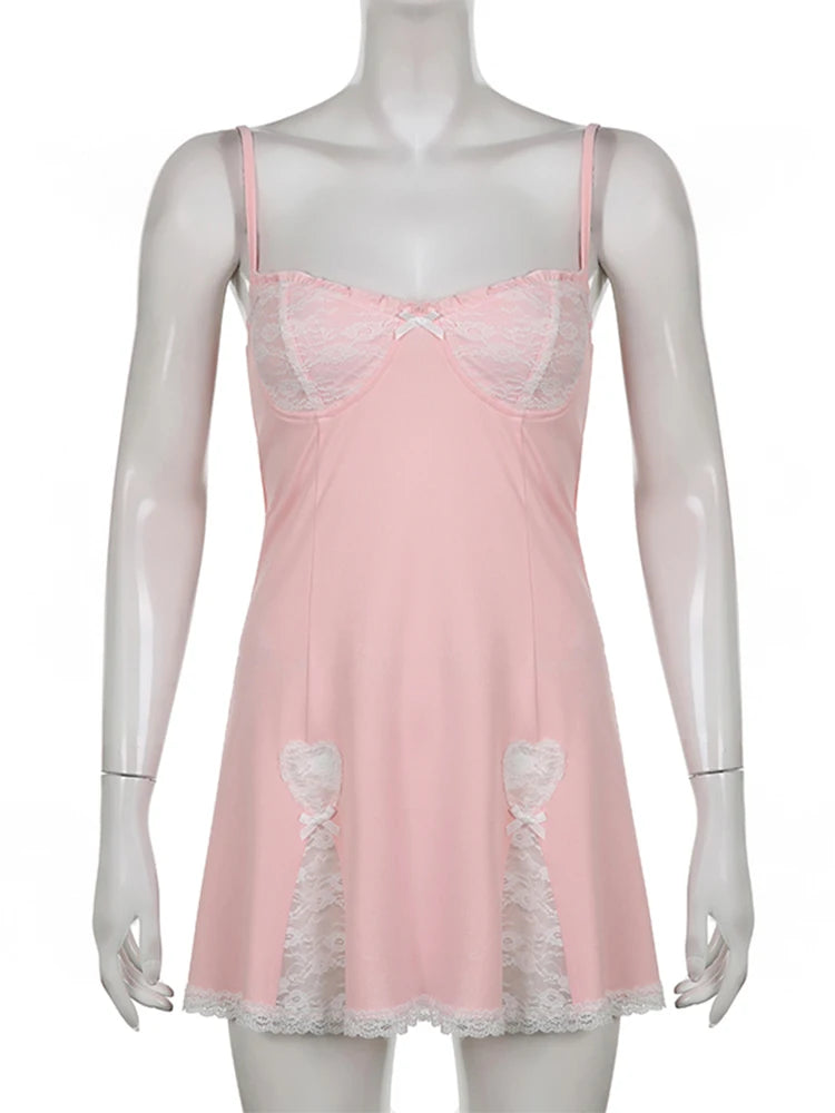 Voguable  Lace Patchwork Dress Pink Sleeveless Kawaii Sundress Sweet Japanese Style Aesthetic Outfit Y2K Beach Outfit Sexy Hot voguable