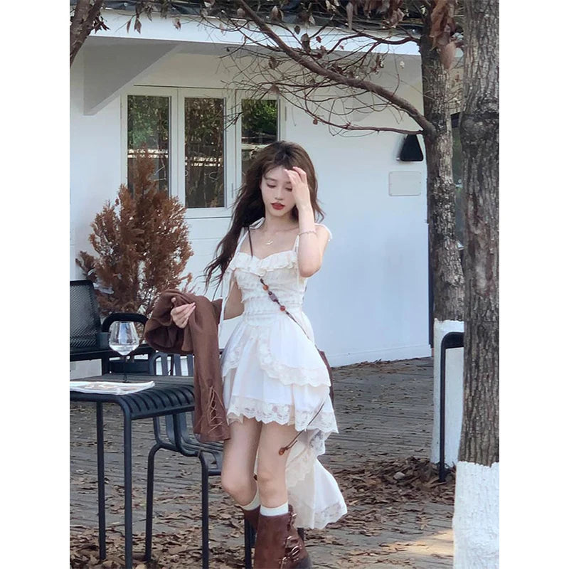 Voguable Y2K 2000S Irregular Midi Dress Women Fairy Lace Patchwork Strap One Pieces Dresses Summer Vacation Korean Bodycon Vestidos voguable