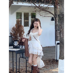 Voguable Y2K 2000S Irregular Midi Dress Women Fairy Lace Patchwork Strap One Pieces Dresses Summer Vacation Korean Bodycon Vestidos voguable
