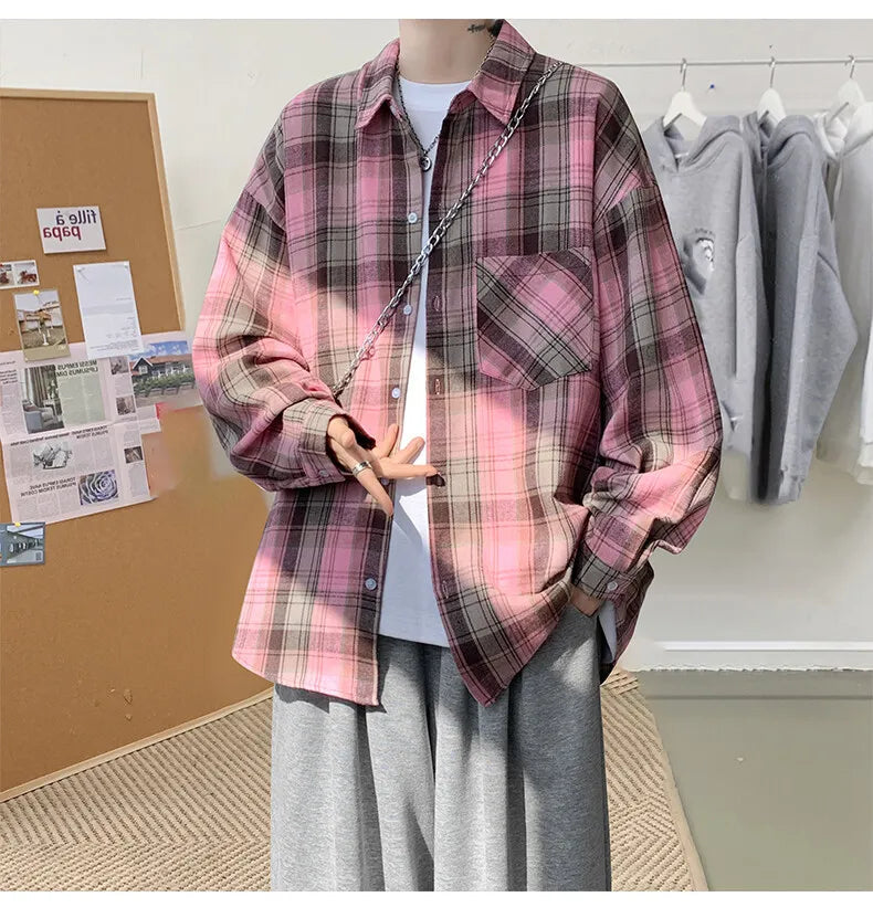 Harajuku Long Sleeve Plaid Shirts Men Big Size M-5XL Autumn Chic Loose Vintage High Street All-match Gentleman Camisa voguable