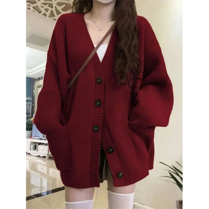 Wine Red Preppy Style Fashion Sweater Coat V-Neck Drop-shoulde Autumn Winter Loose Oversize Long Sleeve Cardigans Knitted Tops voguable