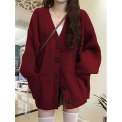 Wine Red Preppy Style Fashion Sweater Coat V-Neck Drop-shoulde Autumn Winter Loose Oversize Long Sleeve Cardigans Knitted Tops voguable