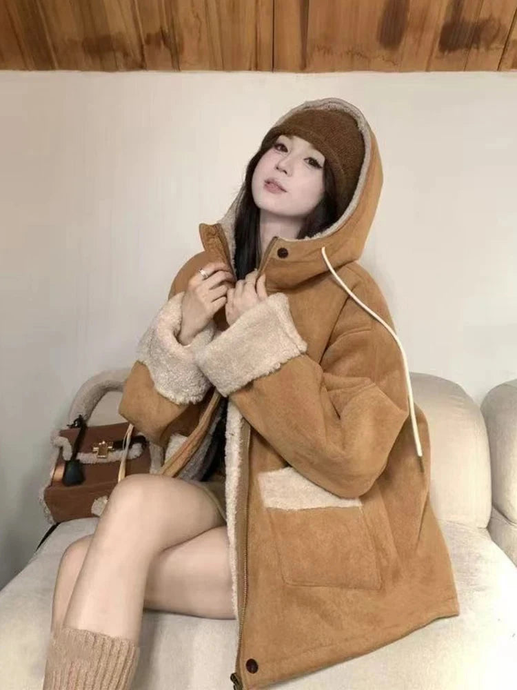Y2K Streetwear Faux Lamb Suede Jacket Women Vintage Winter Long Sleeve Hooded Coat American Retro Loose Lady Pockets Warm Tops voguable