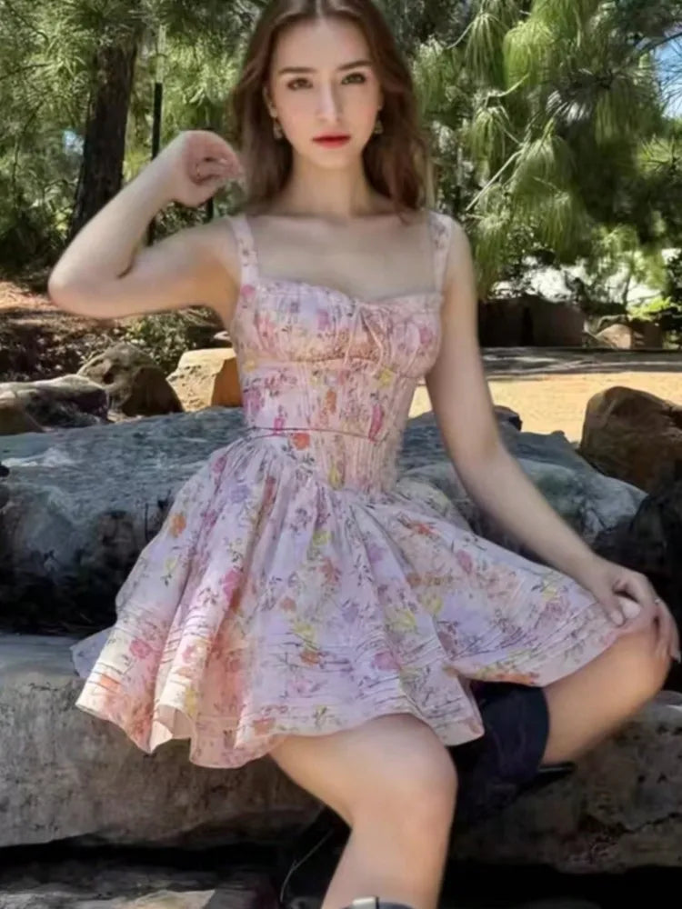 Women's Elegant Dresses French Print Summer New 2025 Casual Slim Waist A-Line Square-Collar Pleated Spaghetti Strap Vestidos voguable
