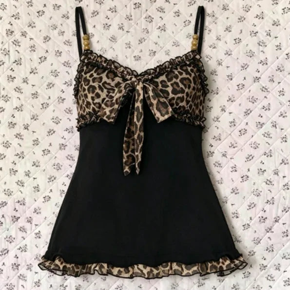 Voguable  American Retro Sexy Spicy Girl Leopard Patchwork Print Ruffle Design Camisole Casual Tank Tops Women Fashion Streetwear Trendy voguable