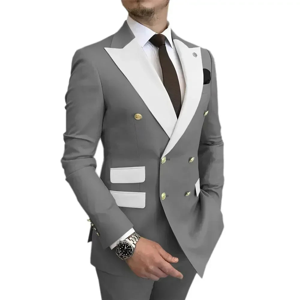 Voguable  Men's Modern Slim Fit Double Breasted Tuxedo Suit with Peak Lapel for Wedding Business Evening Party voguable