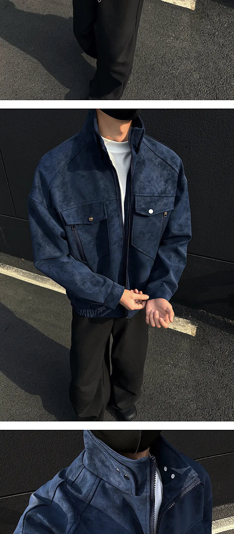 Mens Short Stand Collar Motorcycle Jacket Patchwork Cargo Biker Coat Spring Outdoor Riding Fashion Streetwear Urban Trendy voguable