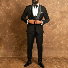 Voguable  Men Suit Black 3 Pieces Single Button With Bright Lapel For Wedding Party Birthday Banquet Business Work Jacket Vest Pant voguable