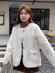Winter Chic Faux Lamb Coat Women Korean Long Sleeve O Neck Fashion Jacket Sweet Warm Female Elegant All Match Solid Outwear Tops voguable