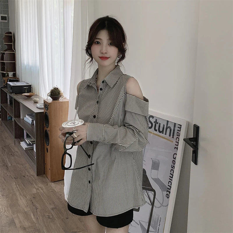 Hollow Out Striped Shirt Women Casual Long Sleeve Off Shoulder Blouse Korean Vintage Loose Design Female Retro Elegant Top voguable