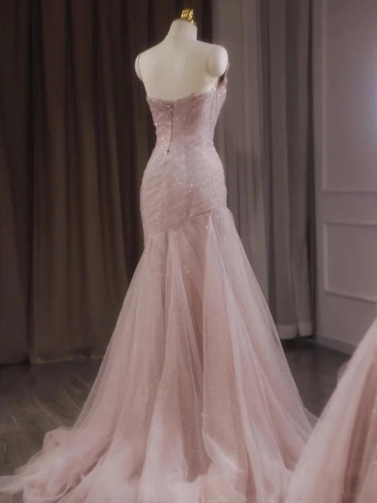 Voguable Rose Pink Mermaid Evening Dresses Pleat Asymmetry Chain Shiny Sequined Long Slim Fairy French Celebrity Prom Party Gowns Woman voguable