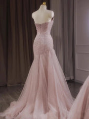 Voguable Rose Pink Mermaid Evening Dresses Pleat Asymmetry Chain Shiny Sequined Long Slim Fairy French Celebrity Prom Party Gowns Woman voguable