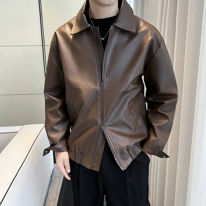 New Autumn Men's Casual Textured PU Leather Jacket High Street Zip-up Turn-down Collar Solid Color Long Sleeve Retro Coats M-3XL voguable