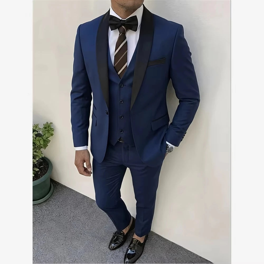 Voguable  Luxury 3pcs Men'S Slim Fit Groomsmen Suit  Dark green Jacket Vest Pant With Non-Stretch Fabric and Color Block Pattern voguable