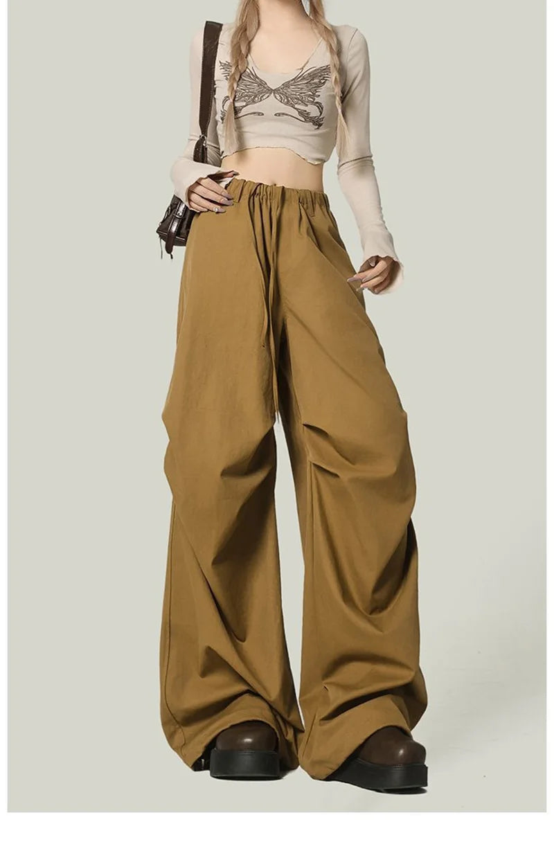 Black Y2K Streetwear Cargo Pant Women Vintage High Waist American Loose Trousers Hip Hop Retro Bf Wrinkles Paratrooper Pants New voguable