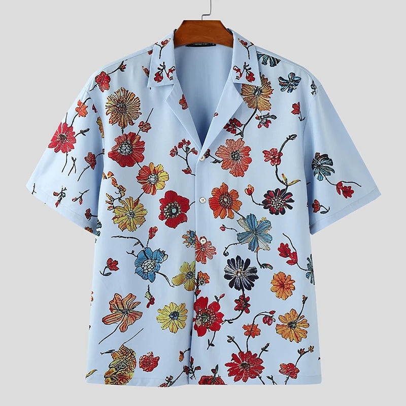 Men Shirt Flower Printing Summer Vacation Male Tops Streetwear Lapel Short Sleeve Loose Casual Men Clothing S-5XL voguable