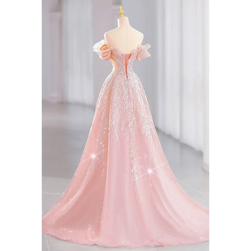 Voguable  New Dream Pink Princess Evening Dress The Bride Is Long and Slim Paillette Sexy Formal Dress Women Elegant Evening Dresses voguable