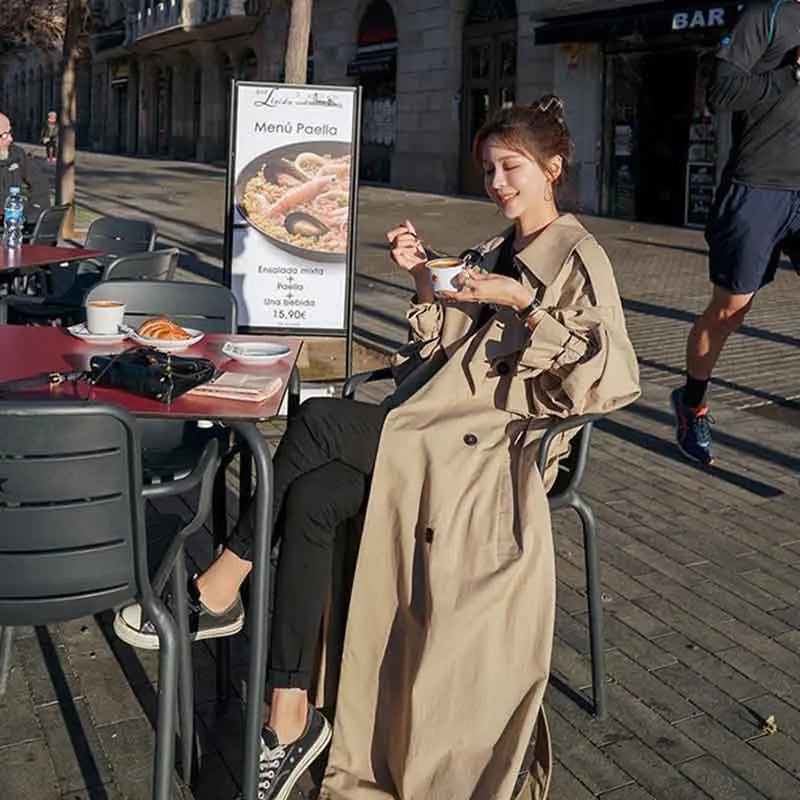 Korean Long Women Windbreaker Autumn Fashion Double Breasted Belt Casual Coats Elegant Office Lady Solid All Match Outerwear New voguable