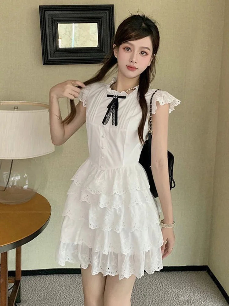 Sweet Chic Bow White Dress Women Slim Fashion Flying Sleeve Cute Mini Dress Casual O Neck Female Elegant Lace A Line Dress voguable