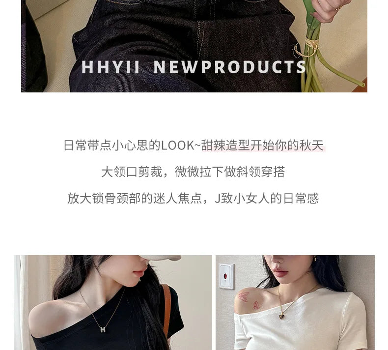 Solid Off Shoulder Short Sleeve T Shirt Simple Basic Sexy Single Sleeved Jumper Top Streetwear Slim Fit Female Y2K Clothes Tees voguable