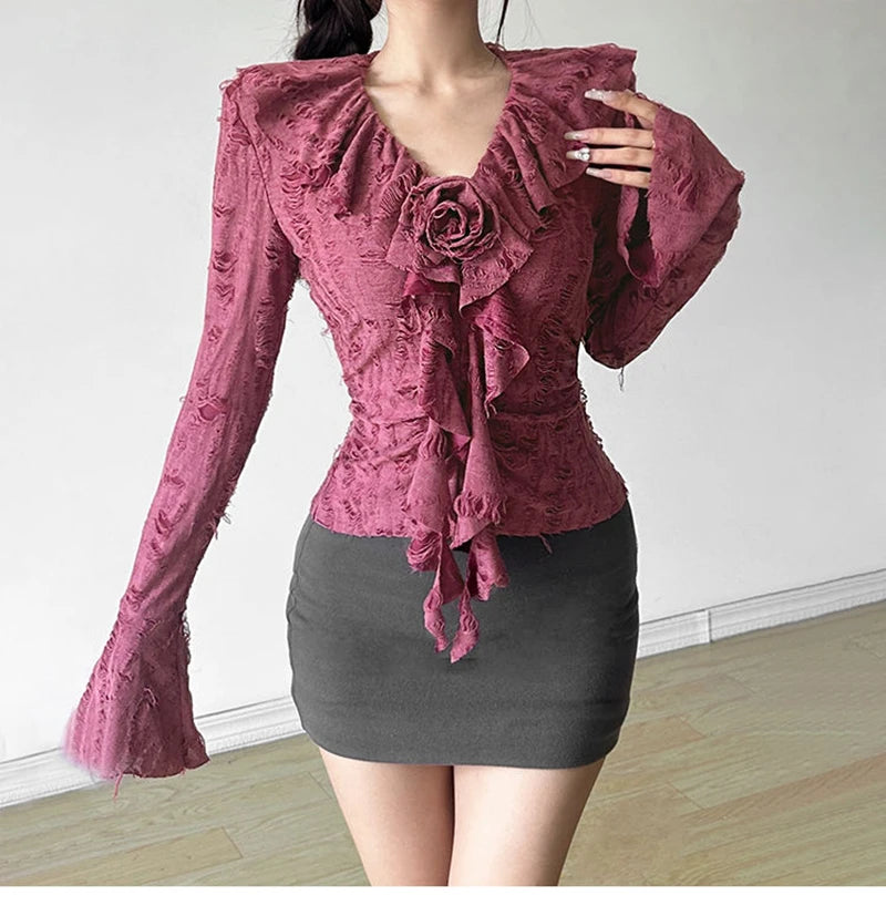 3D Floral Ruffles Y2K T Shirts Women Slim Long Sleeve Hole Gothic Tops Streetwear Harajuku Vintage Lady V Neck Design Tees voguable