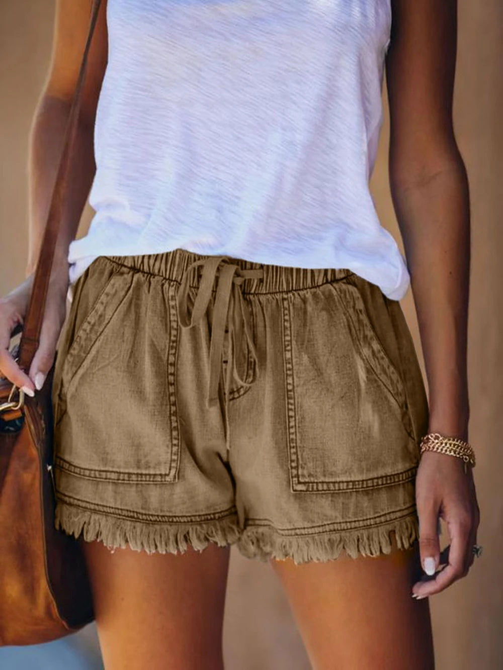 Voguable  Women’s Denim Shorts Drawstring Elastic Waist Frayed Hem Short Pants Summer Casual Vintage Hottie Girls Loose Jeans with Pockets voguable