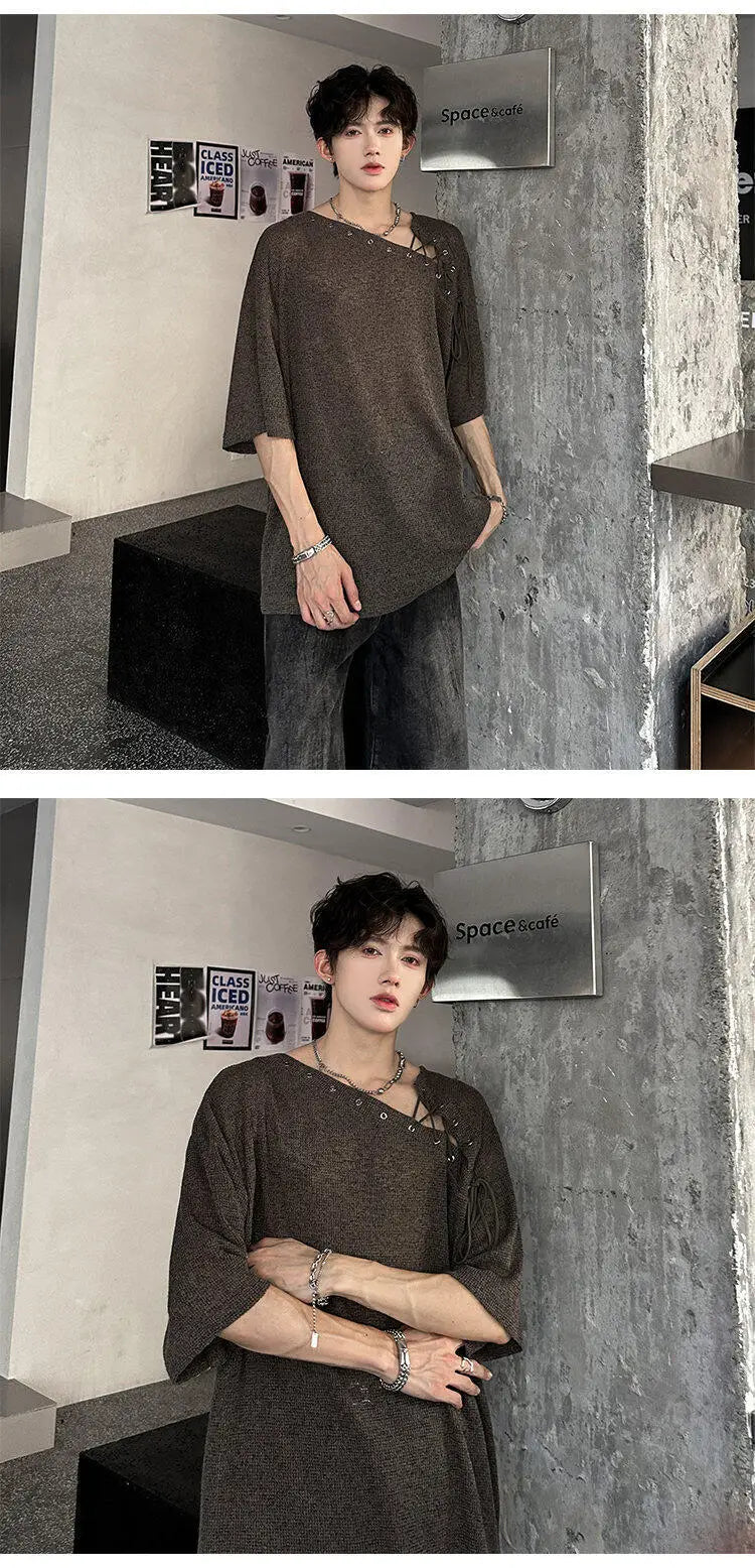 Korean Style Men's T-shirts Short Sleeve Casual Lace-up Design Solid Color Tees Hollow Out Loose Male Tops Summer 9W3719 voguable