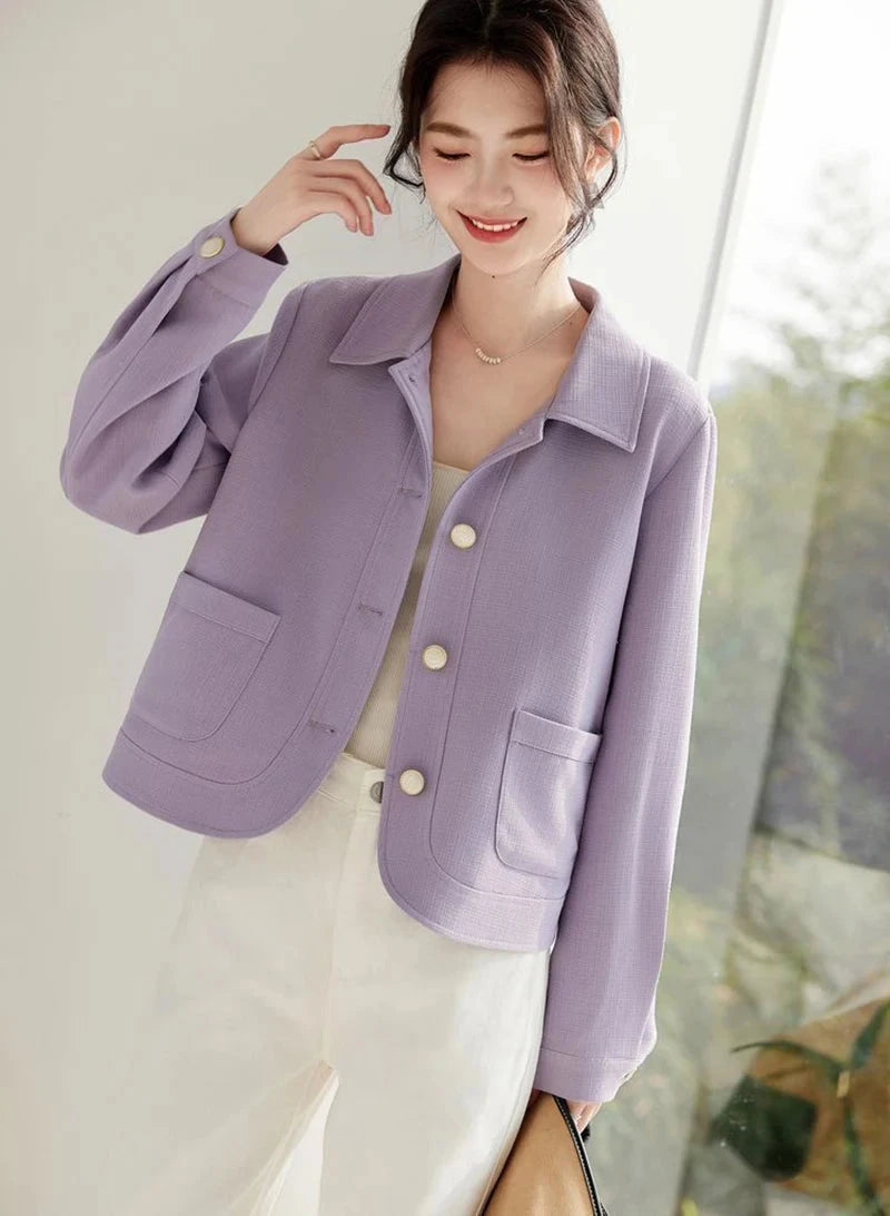 Elegant Slim Purple Jacket Women Sweet Long Sleeve Small Fragrance Coat Casual Fall Winter Lady French Pockets Fashion Tops voguable