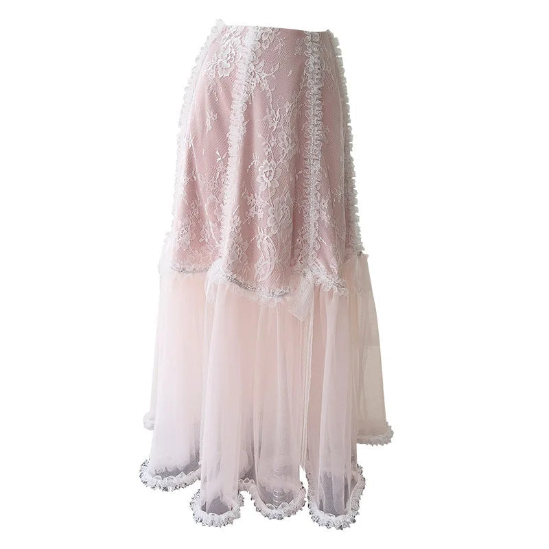 Women's Two Piece Set Lace Patchwork Ear Fungus Edge Design Top+ High Waist Skirt Female Sets New Tide 3QW0560 voguable
