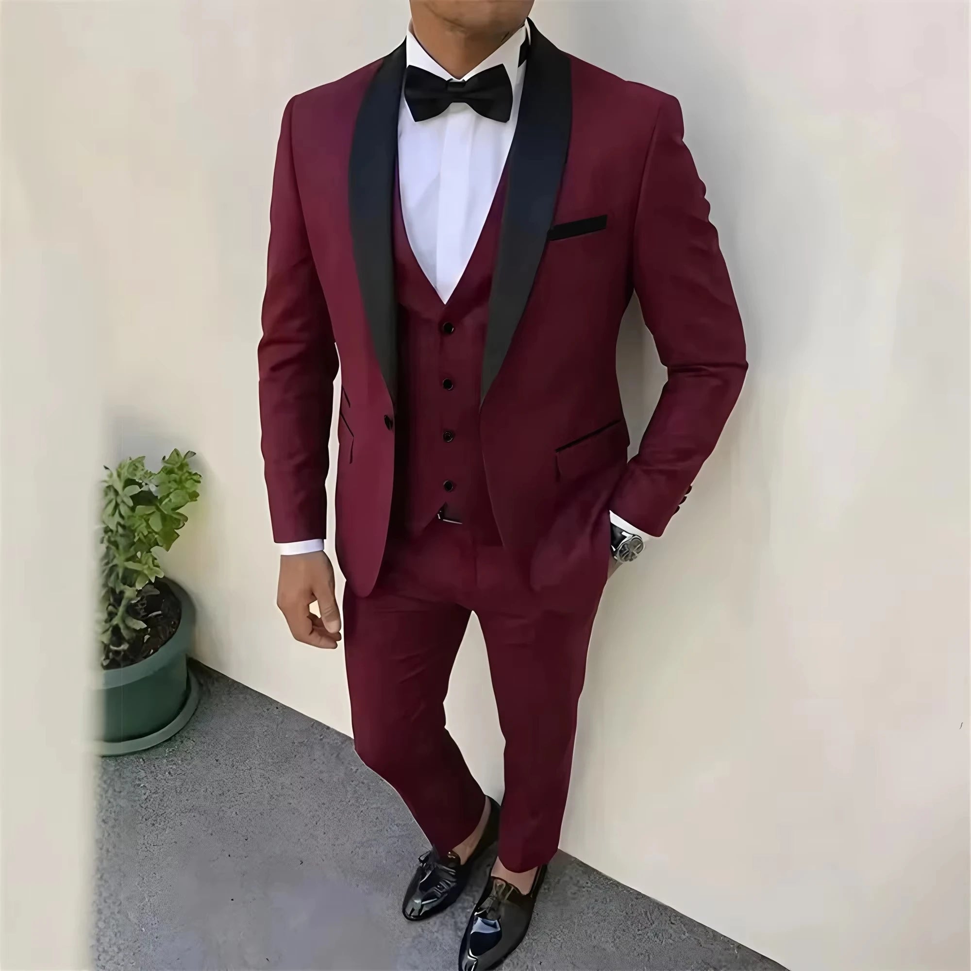Voguable  Luxury 3pcs Men'S Slim Fit Groomsmen Suit  Dark green Jacket Vest Pant With Non-Stretch Fabric and Color Block Pattern voguable