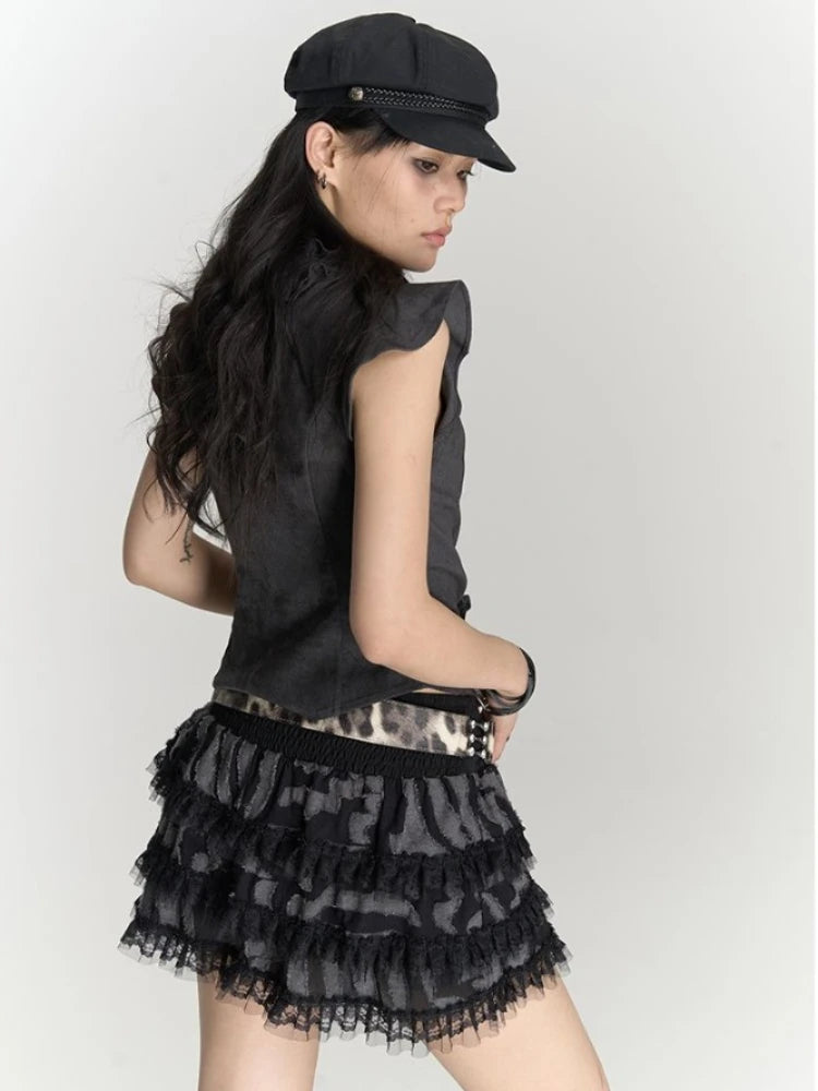 HOUZHOU Gothic Punk Vintage T Shirts Women Korean Style Harajuku Streetwear Patchwork Ruffled Sleeveless Slim Tees Top 2024 Chic voguable
