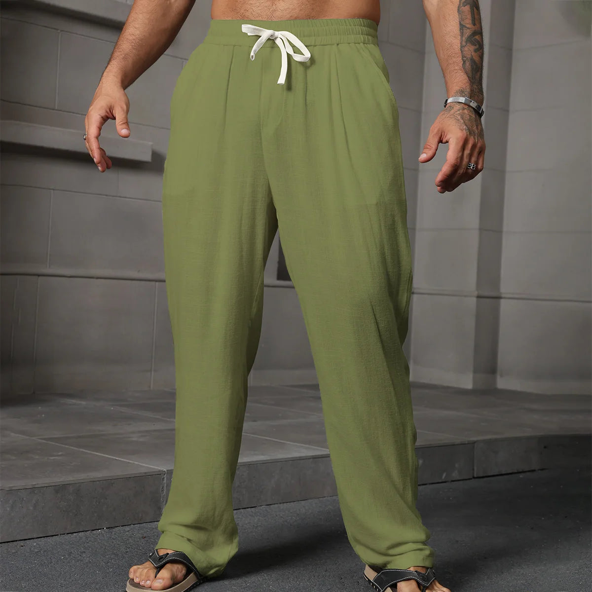 Voguable  Men's Cotton Linen Pants Summer Solid Color Breathable Linen Trousers Men Casual Elastic Waist Casual Pants Harajuku Trous Man voguable