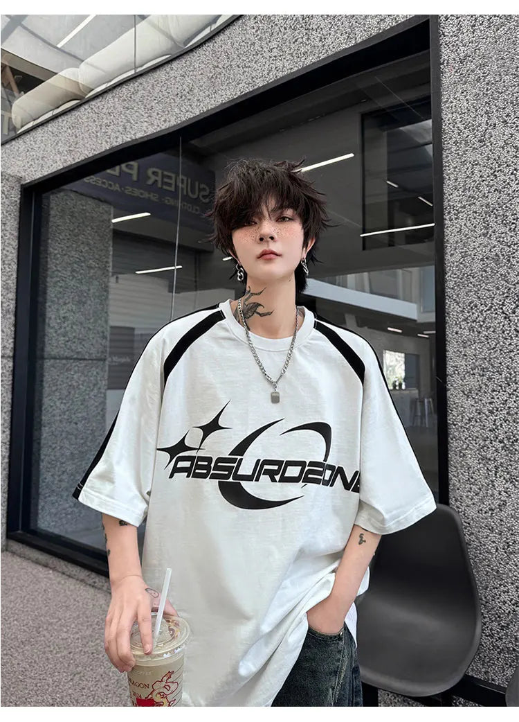 Voguable Letter Printed Splicing Design Fashion Handsome Short Sleeved T-shirts Summer New Trendy Korean Men's Street Tops voguable