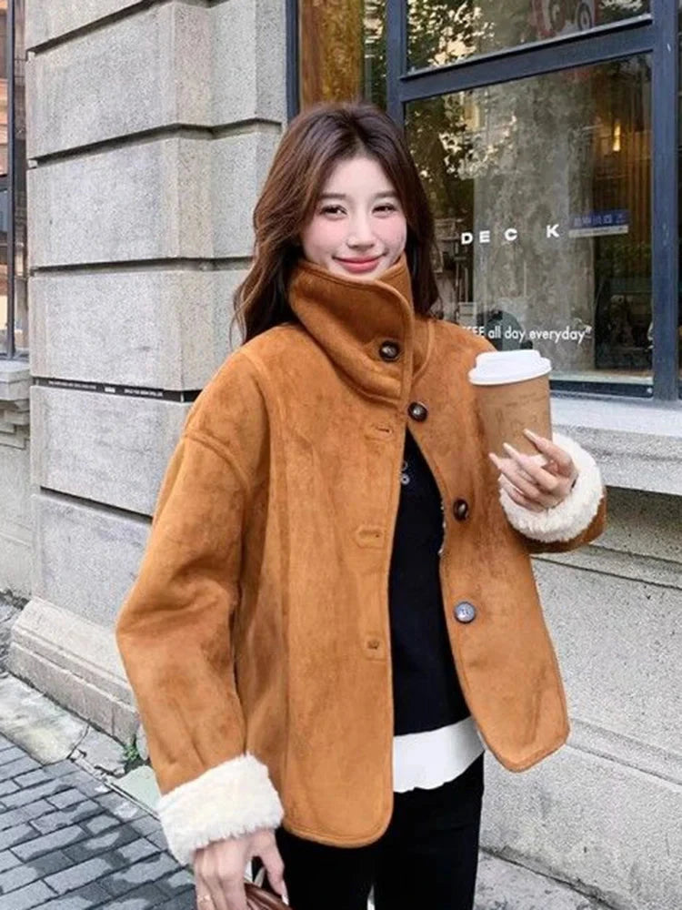 Y2K Faux Lamb Suede Jacket Women Warm Winter Streetwear Retro Coat Korean Casual Loose Long Sleeve Single Breasted Outwear voguable