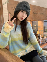 Hole Y2K Gradient Striped Sweater Women Vintage Preppy Style Long Sleeve Knitted Pullovers Casual O Neck Buttons Sweet Jumper voguable