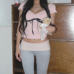 Voguable Coquette Contrast Bow Folds Cropped Top White Pink Women's Summer Short Sleeve Slim-fitting Short Sleeve T-shirt Y2K voguable