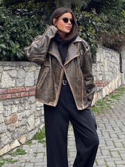 Streetwear Worn Effect Bike Leather Jackets For Women Oversized Boyfriend PU Leather Jacket Women Loose Zipper Brown Coat voguable