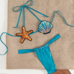 Voguable  Shiny Sequin Shell Starfish Bikini Set Women Sexy Push Up Pleate Thong Swimsuit Brazilian Beach Bathing Suit Micro Swimwear voguable