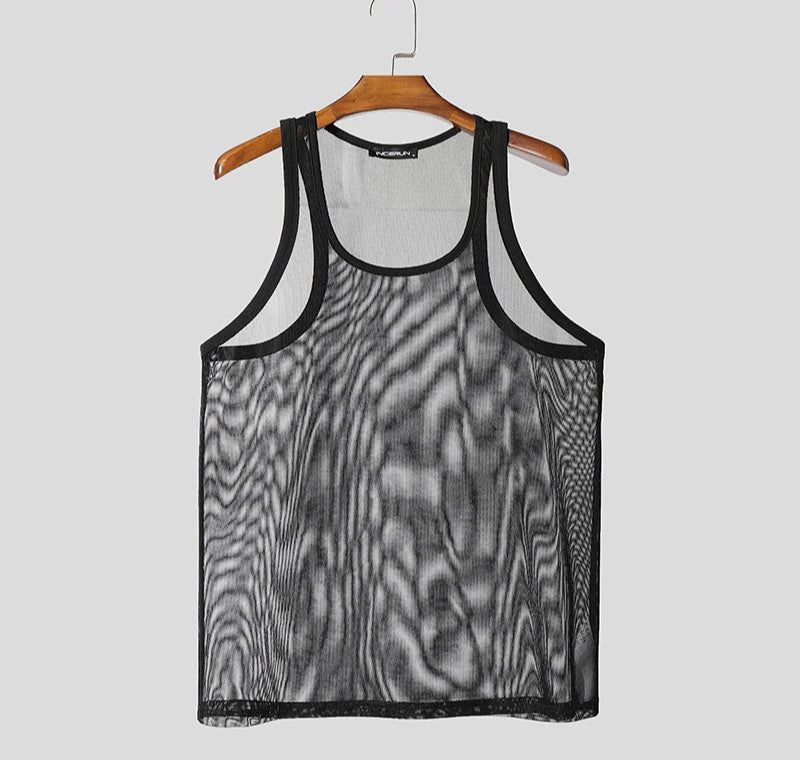 Men Tank Tops Solid Color O-neck Sleeveless Mesh Male Vests Summer Streetwear Transparent Hollow Out Men Clothing voguable