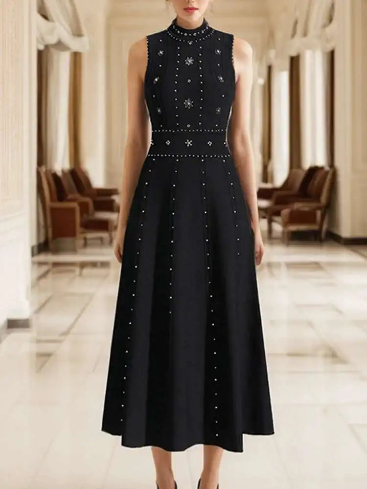 Solid Beaded Diamond Spliced Long Dresses For Women Round Neck High Waist Elegant Dress Female Summer 2025 New voguable
