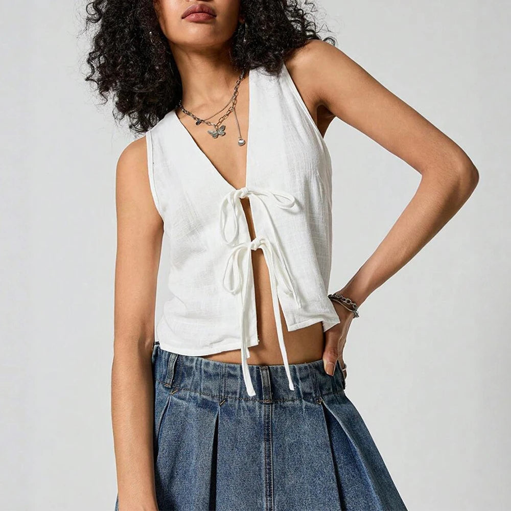 Blouses Spring Summer Fitting Slim Casual Lace-Up Sleeveless V-Neck Daily Blouses For Women voguable