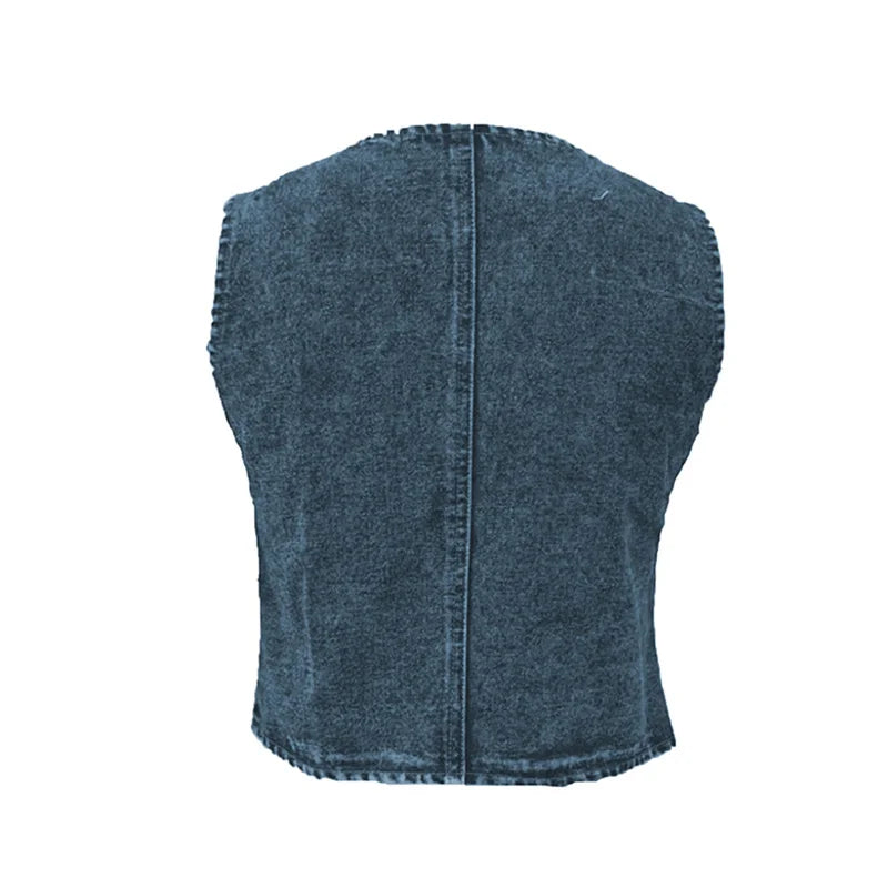 Denim Tank Tops for Women Summer Solid Color V Neck Single Breasted Sleeveless Jeans Vest y2k Waistcoat Streetwear voguable