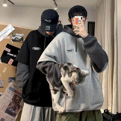 Voguable  Hoodies men fake two-piece sweatshirt autumn stitching Korean loose contrast color hooded long-sleeved black  white gray design voguable
