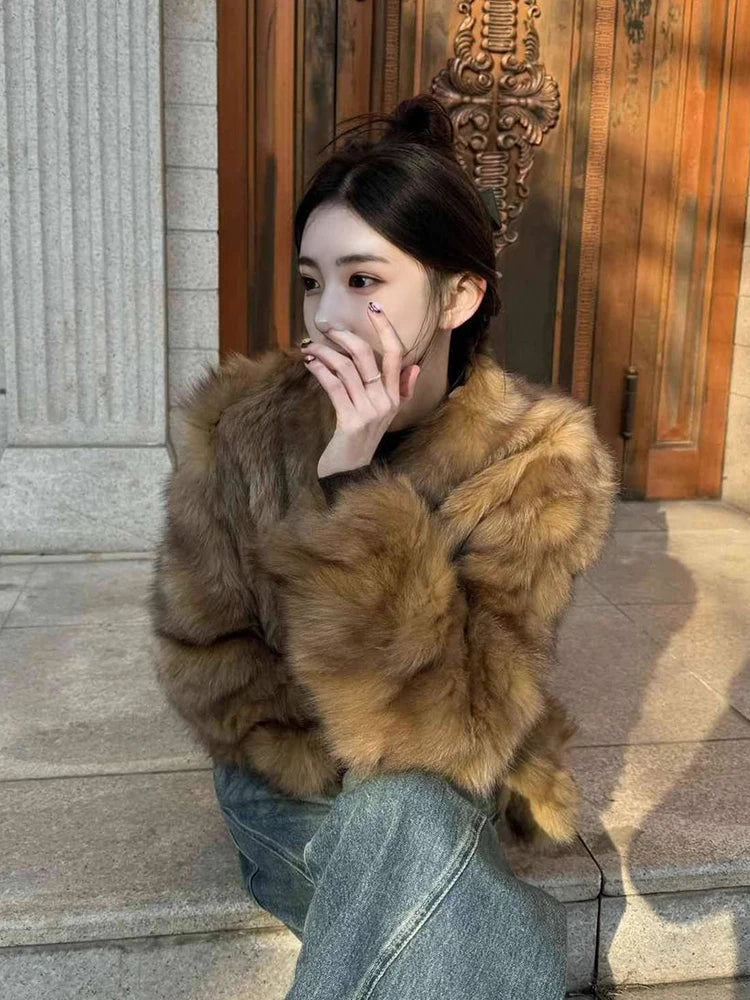 Elegant Vintage Faux Fur Coat Women Slim Long Sleeve Winter Faux Fox Jacket Korean Casual Open Stitch Retro Soft Warm Outwear voguable
